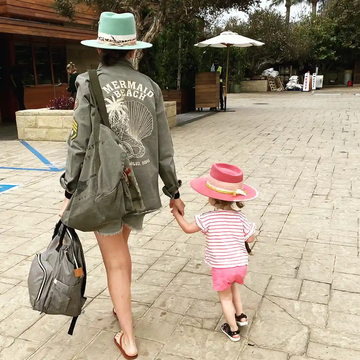 Valeria with her little one wearing the Sunset heading into Soho House little beach house Malibu