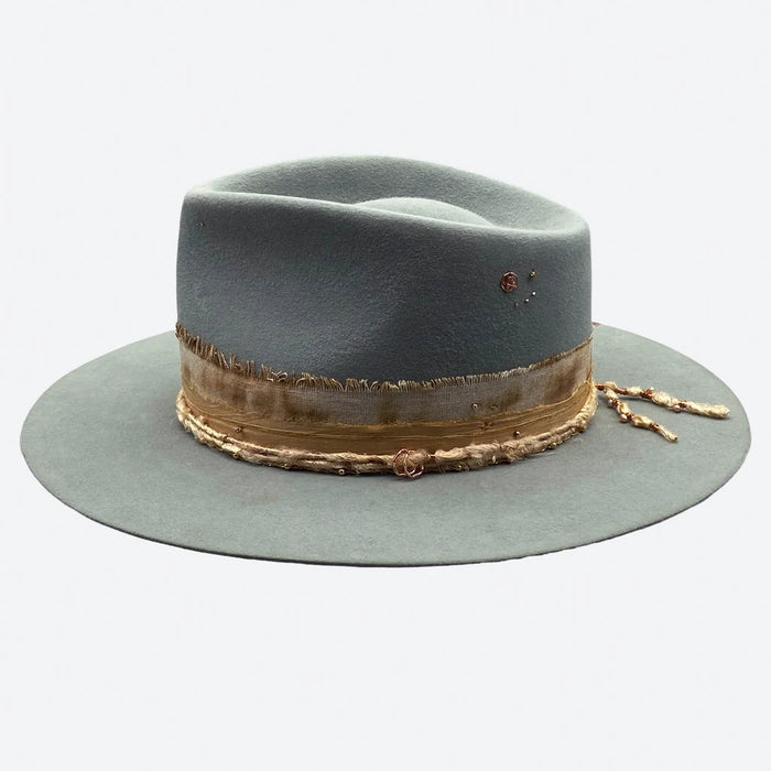 Willow felt fedora hat with distressed sand linen and vintage silk by Valeria Andino