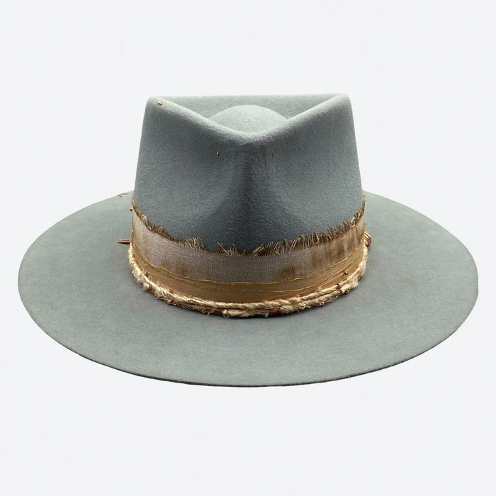 Willow felt fedora hat with distressed sand linen and vintage silk by Valeria Andino