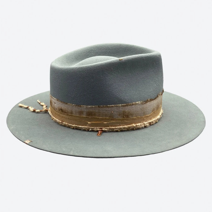Willow felt fedora hat with distressed sand linen and vintage silk by Valeria Andino
