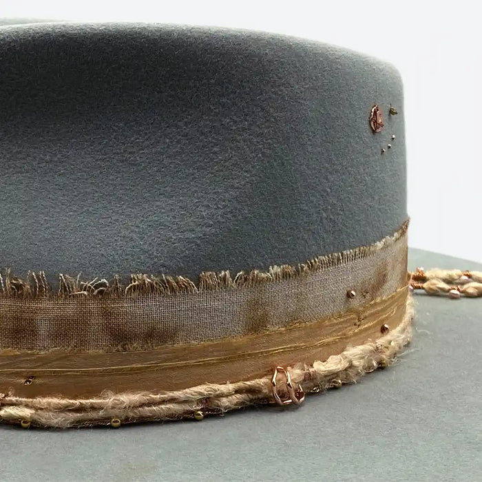 Willow felt fedora hat with distressed sand linen and vintage silk by Valeria Andino