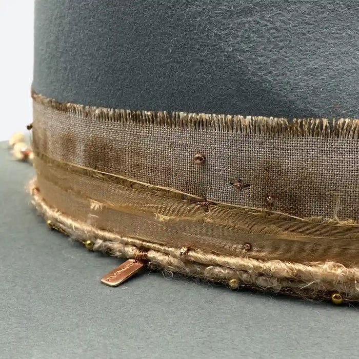 Willow felt fedora hat with distressed sand linen and vintage silk by Valeria Andino