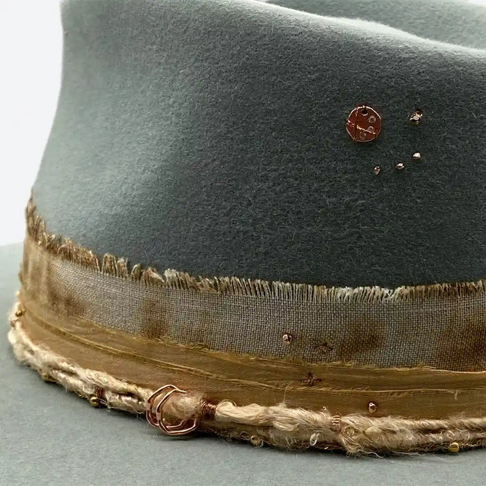 Willow felt fedora hat with distressed sand linen and vintage silk by Valeria Andino