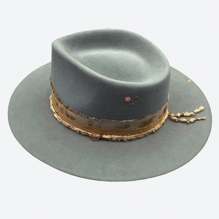 Willow felt fedora hat with distressed sand linen and vintage silk by Valeria Andino