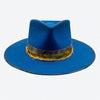 Teal blue Felt Fedora Hat with Hand dyed silks and gold details by Valeria Andino