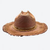 Front view of a Valeria Andino Handmade Cattleman Straw Hat In a bronze colour with ruffled brim, course gold stitching and gold detailing