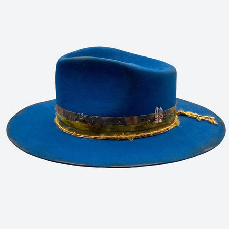 Teal blue Felt Fedora Hat with Hand dyed silks and gold details by Valeria Andino