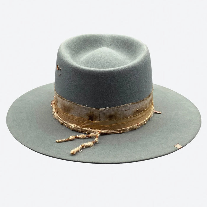 Willow felt fedora hat with distressed sand linen and vintage silk by Valeria Andino
