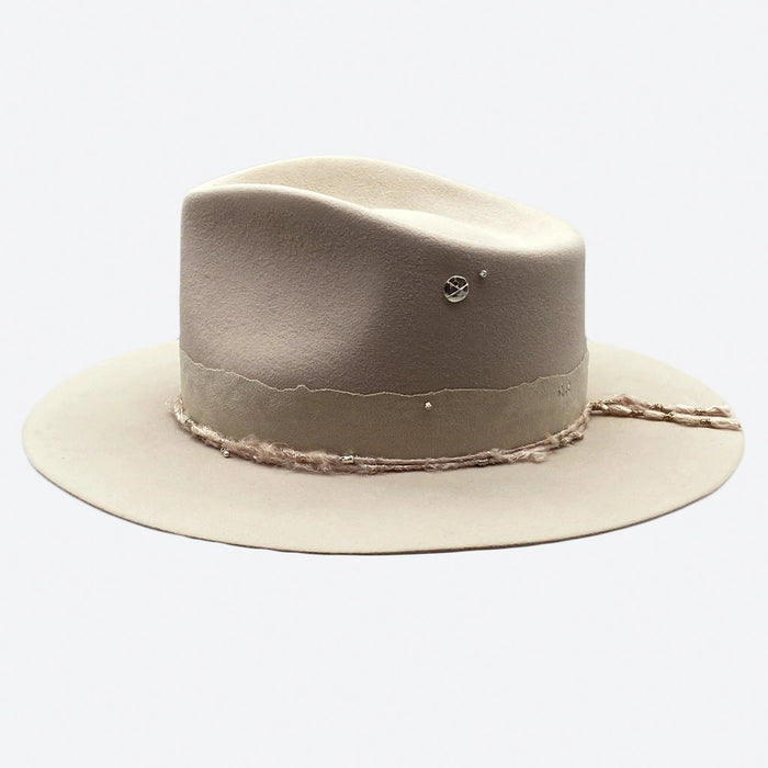 Corallite Felt Fedora Hat, a neutral bone colour with gold detailed hat by Valeria Andino