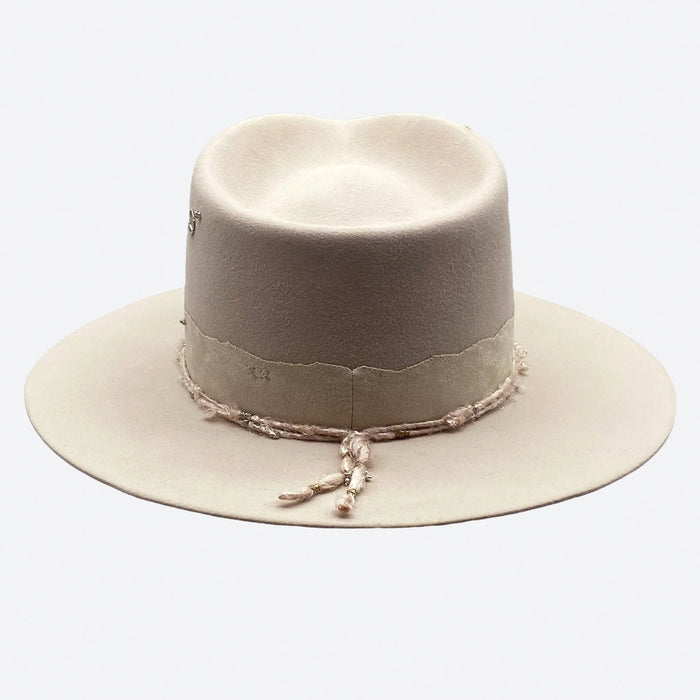 Corallite Felt Fedora Hat, a neutral bone colour with gold detailed hat by Valeria Andino